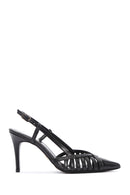 Women's Black Ankle Strap Open Back Thin Heeled Leather Shoes | Derimod