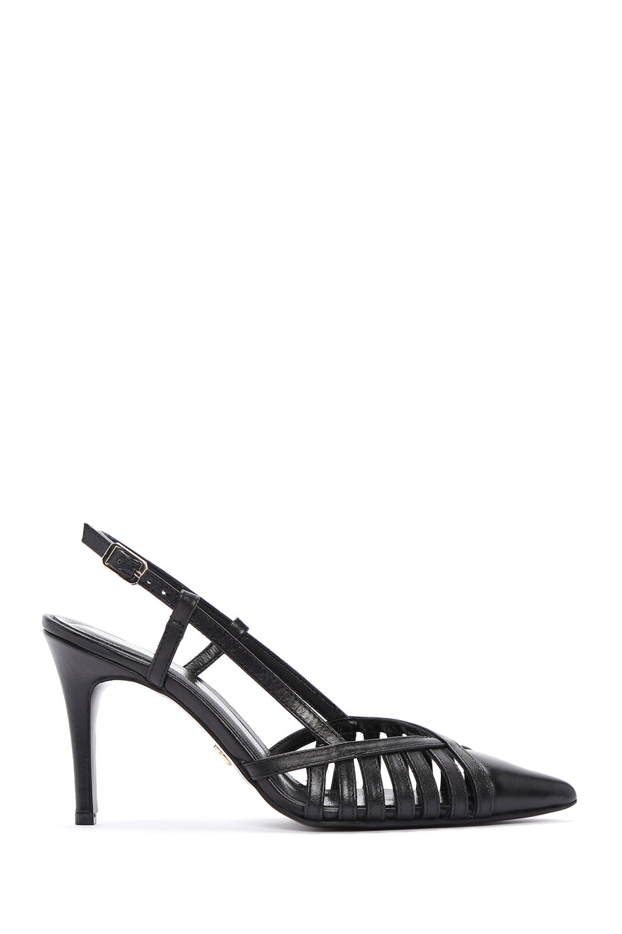 Women's Black Ankle Strap Open Back Thin Heeled Leather Shoes 25SFD160318 | Derimod