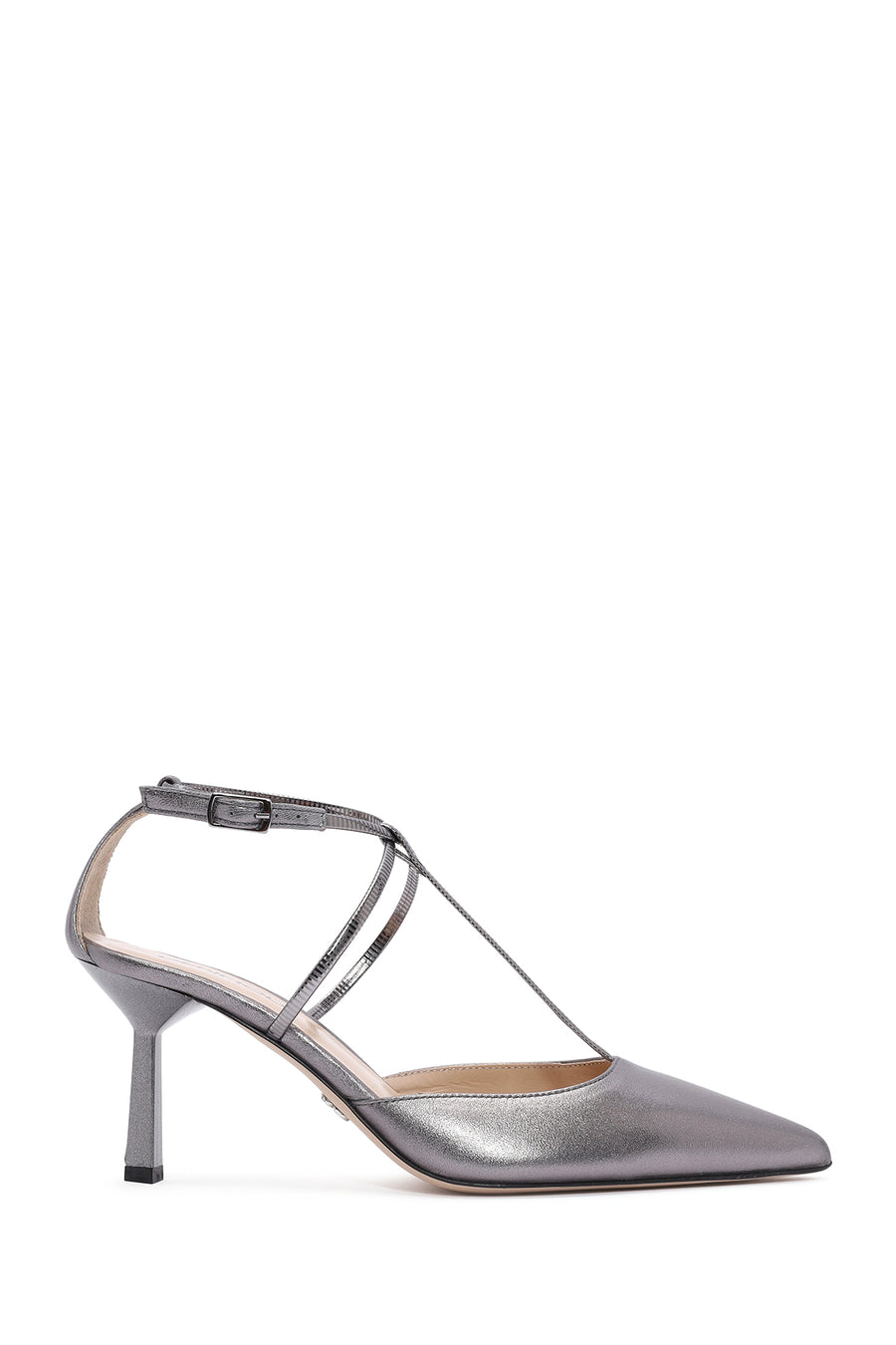 Women's Grey Ankle Strap Thin Heel Metallic Leather Shoes 24WFD122732 | Derimod