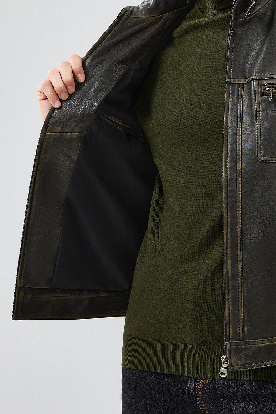 Wade Men's Green Slim-Fit Leather Coat