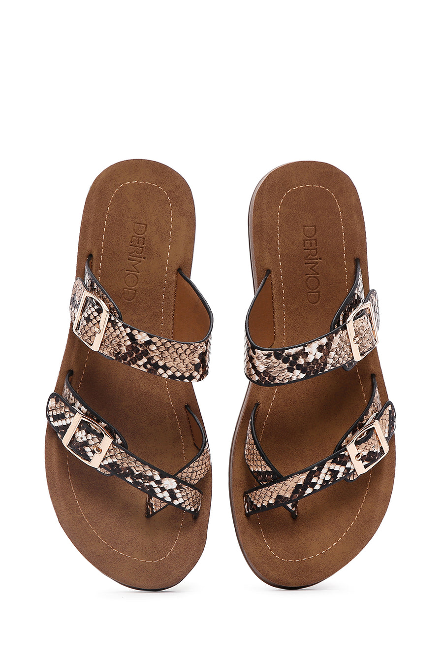 Women's Brown Double Buckled Patterned Slippers