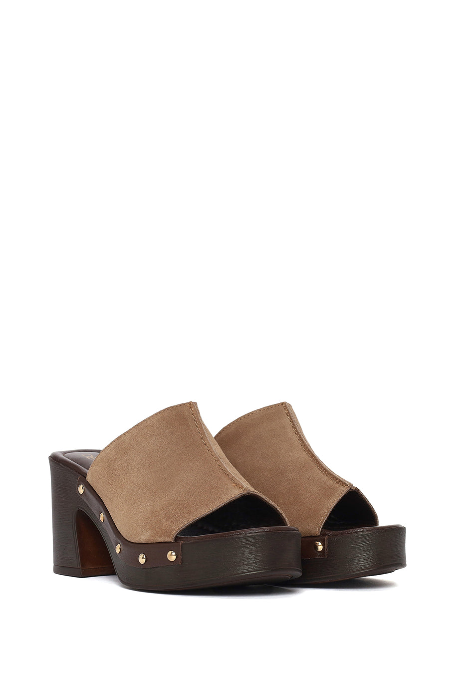 Women's Beige Thick Heeled Suede Leather Slippers