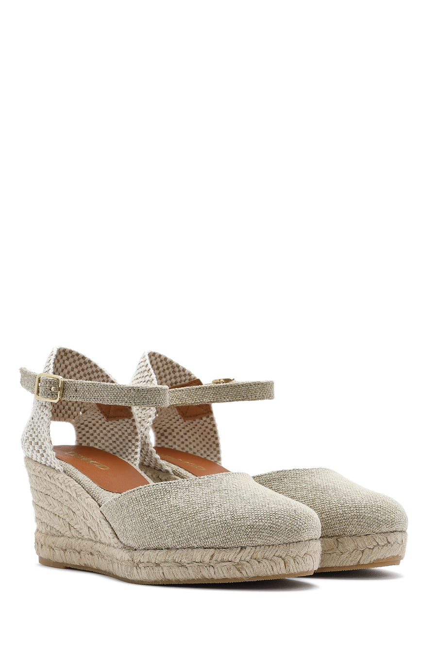 Women's Beige Ankle Buckle Wedge Heel Fabric Espadrille Sandals