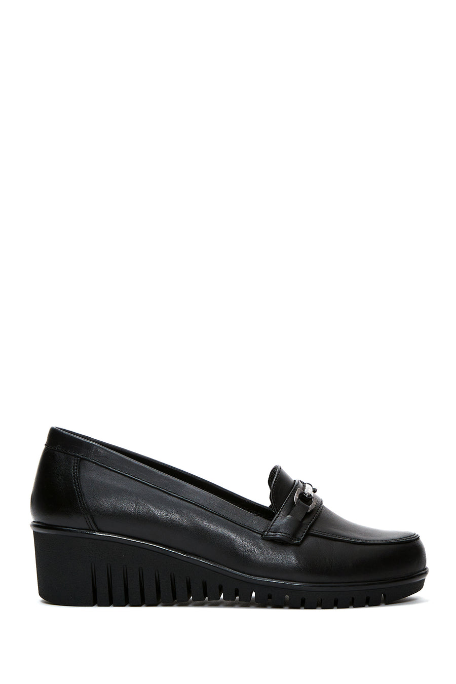 Women's Black Leather Buckle Wedge Heeled Loafer 23WFD410918 | Derimod