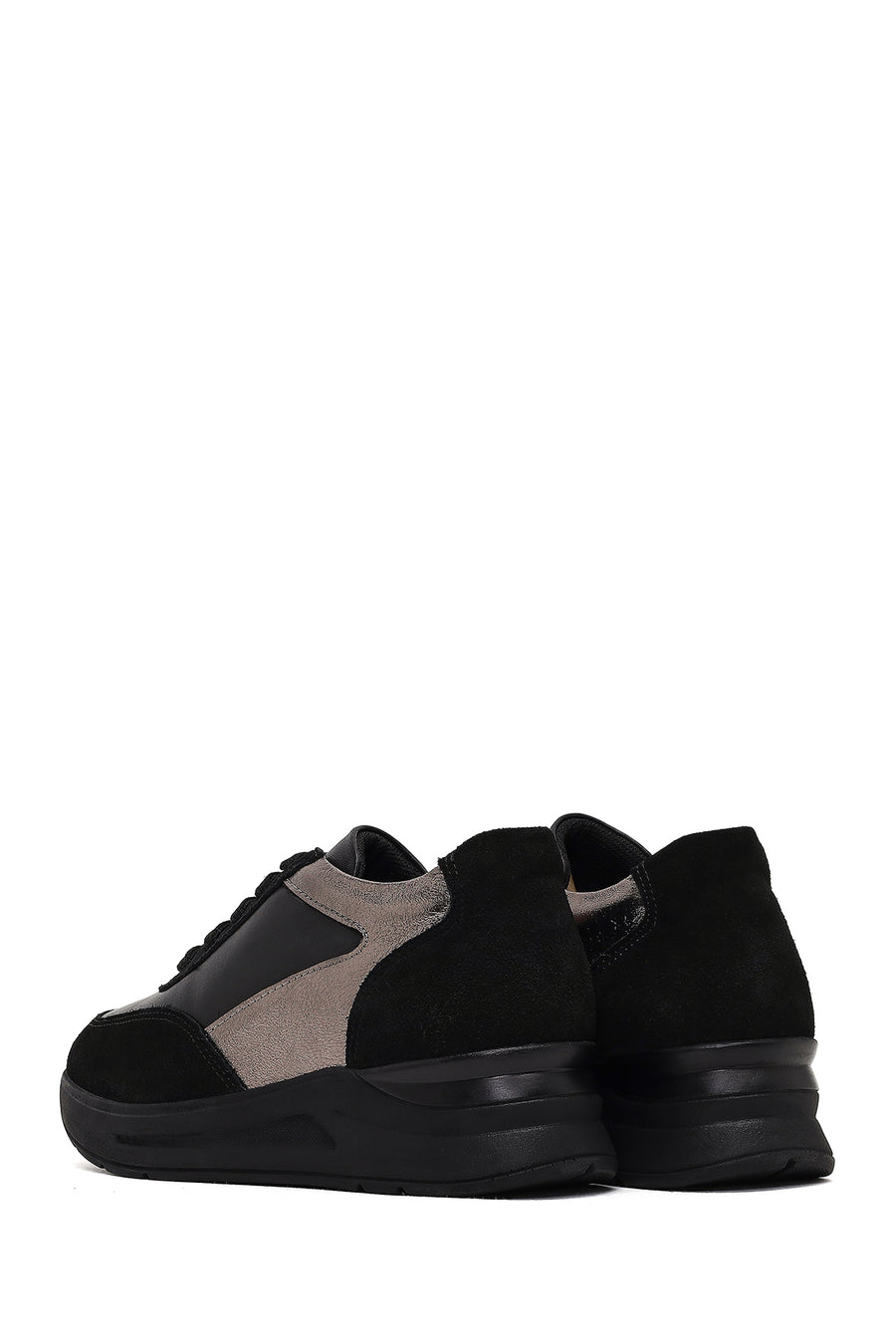 Woman Black Lace-up Wedge Heel Leather Sneaker