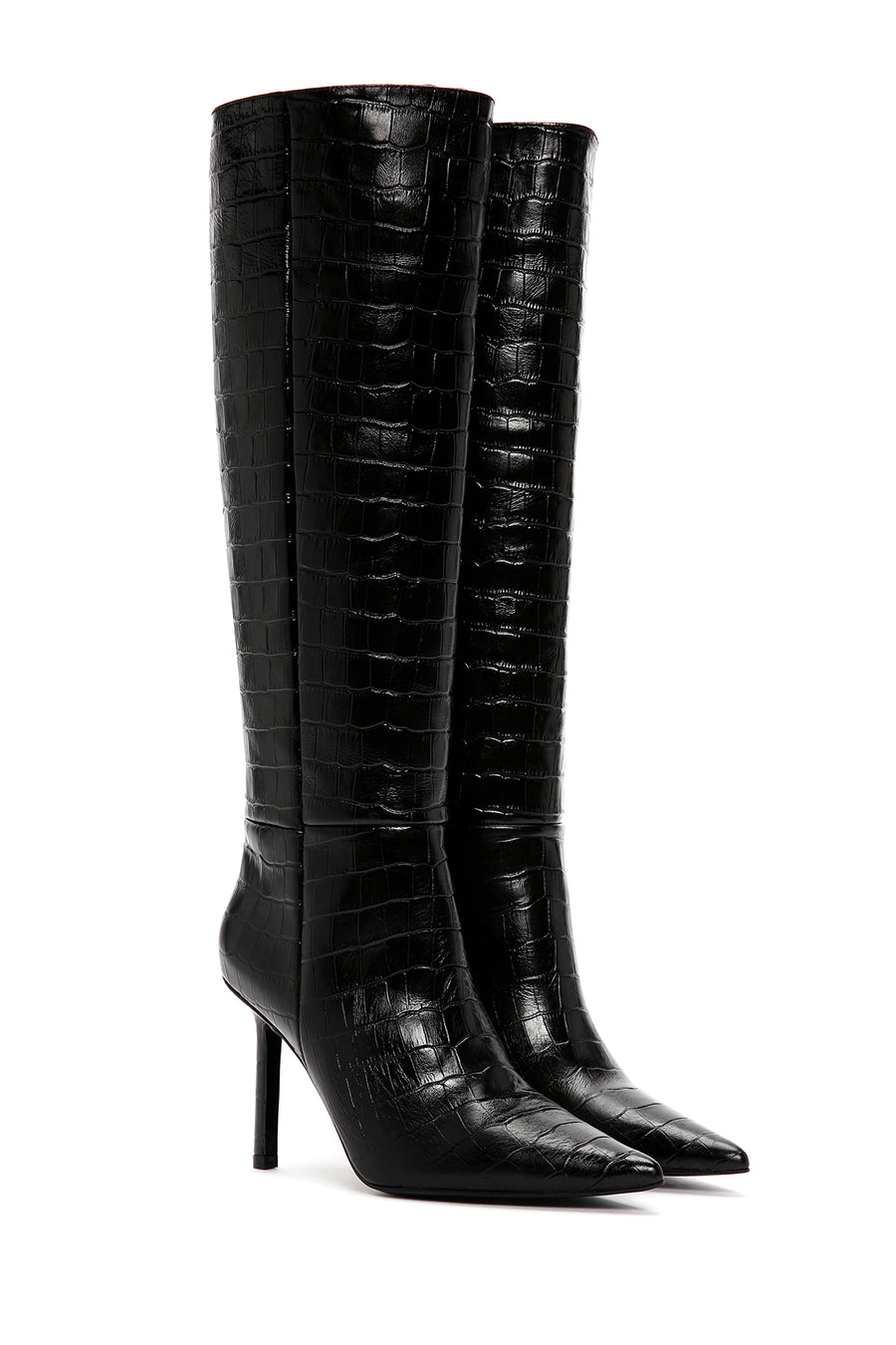 Women's Black Crocodile Patterned Thin Heeled Leather Boots