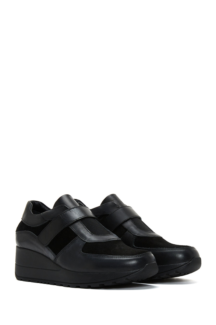 Women's Black Leather Wedge Heeled Shoes