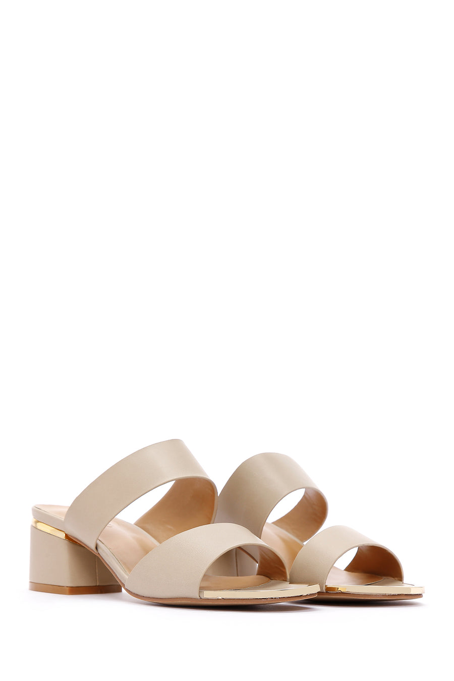 Women's Beige Short Thick Heeled Slippers