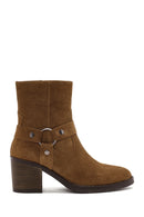 Women's Brown Heeled Zippered Suede Leather Boots | Derimod
