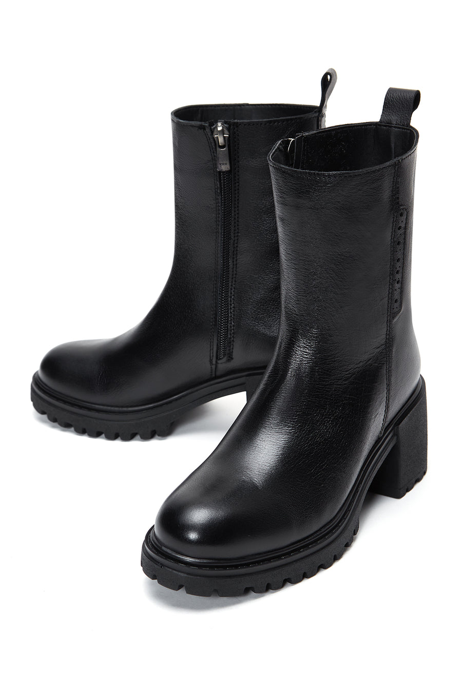 Women's Black Leather Zippered Heeled Boots