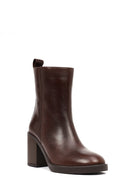 Woman Brown Zip Closure Chunky Heeled Leather Boots | Derimod