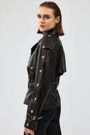 Crystal Women's Black Biker Leather Jacket | Derimod