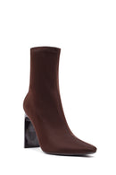 Woman Brown Zip Closure High Thick-Heeled Fabric Boots | Derimod