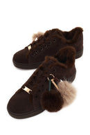 Kadın Kahverengi Bağcıklı Charmlı Süet Deri Teddy Sneaker | Derimod
