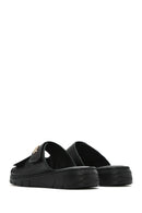 Women's Black Double-Striped Leather Comfort Slippers | Derimod