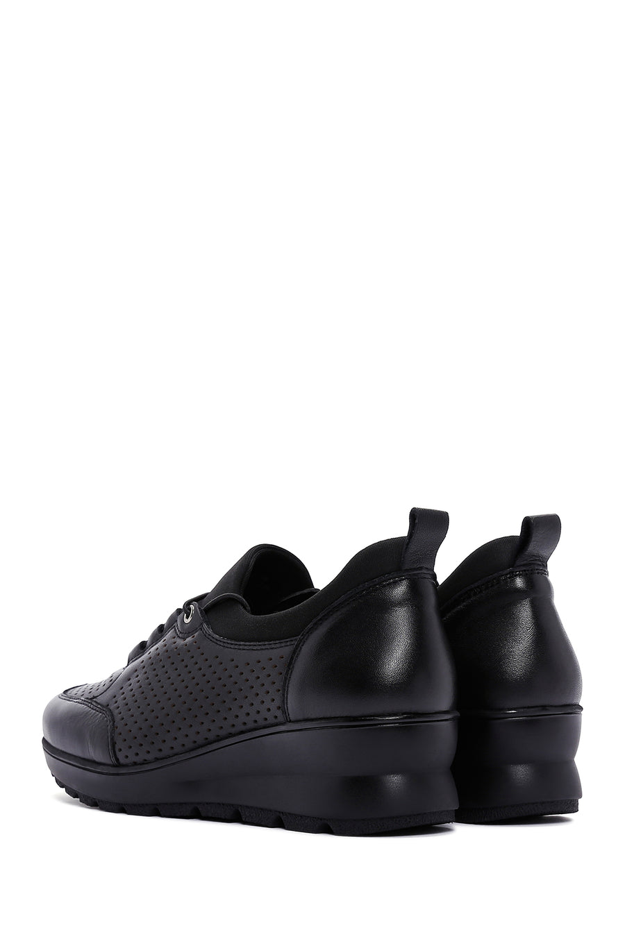 Women's Black Leather Wedge Heeled Comfort Shoes