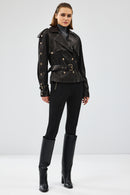Crystal Women's Black Biker Leather Jacket | Derimod