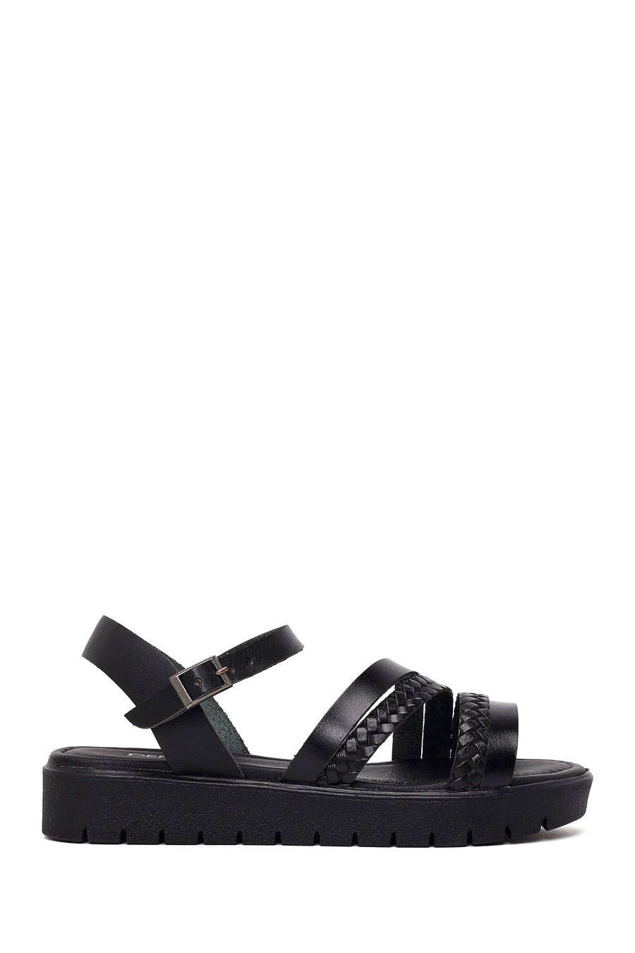 Woman Black Strappy Thick-Soled Braided Leather Bodrum Sandal 26SFD331018 | Derimod
