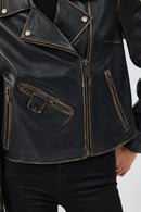 Oxford Women's Black Biker Leather Jacket | Derimod
