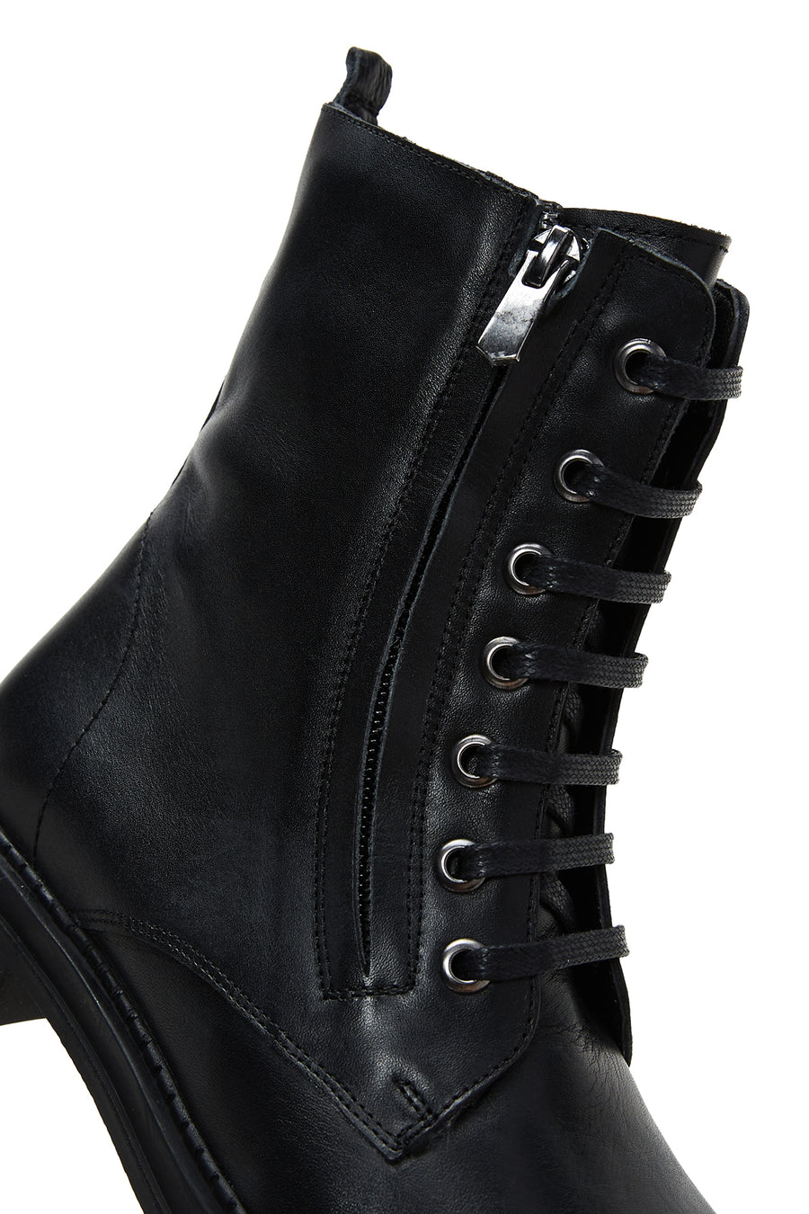 Women's Black Leather Zippered Flat Boots