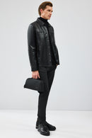 Enzo Men's Black Shirt Collar Leather Jacket | Derimod