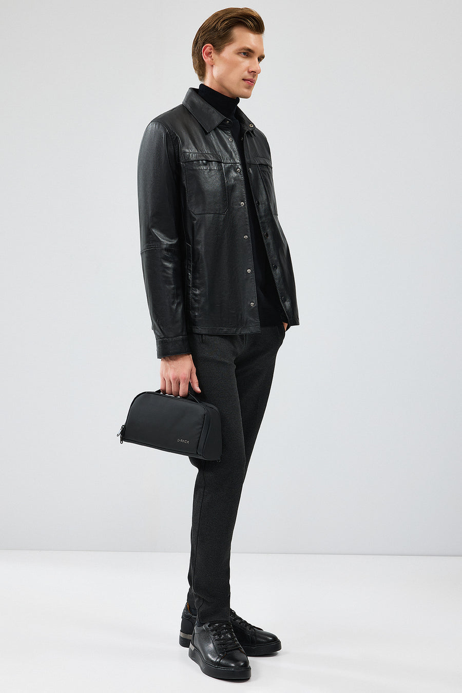 Enzo Men's Black Shirt Collar Leather Jacket