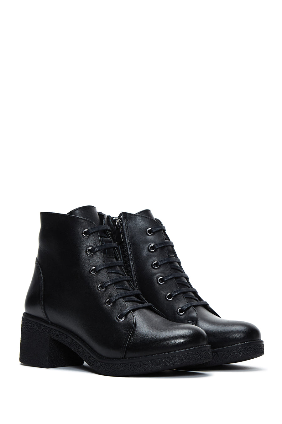 Woman Black Zippered Chunky Heels Leather Casual Boots