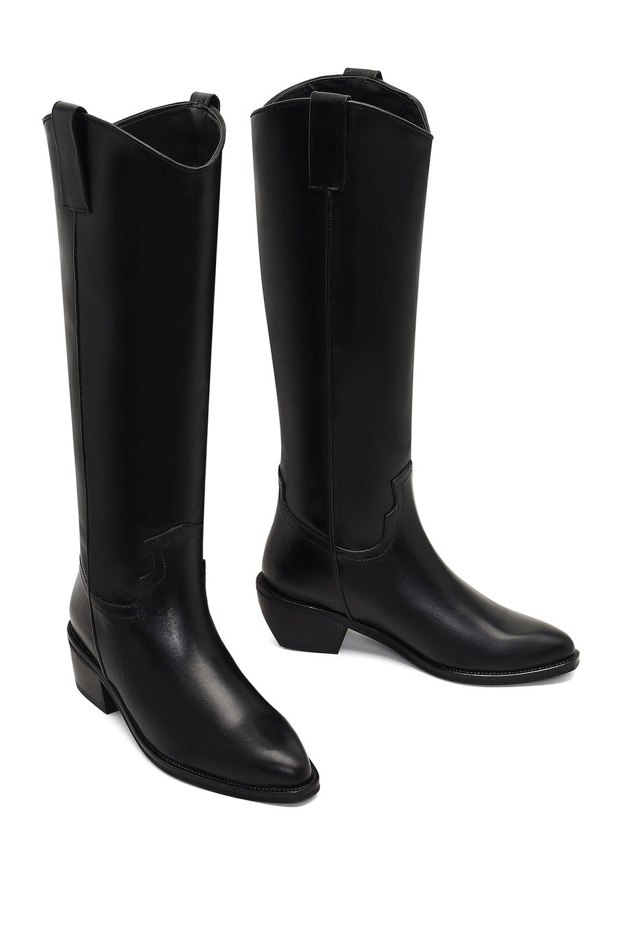 Women's Black Low-Heeled Leather Cowboy Boots