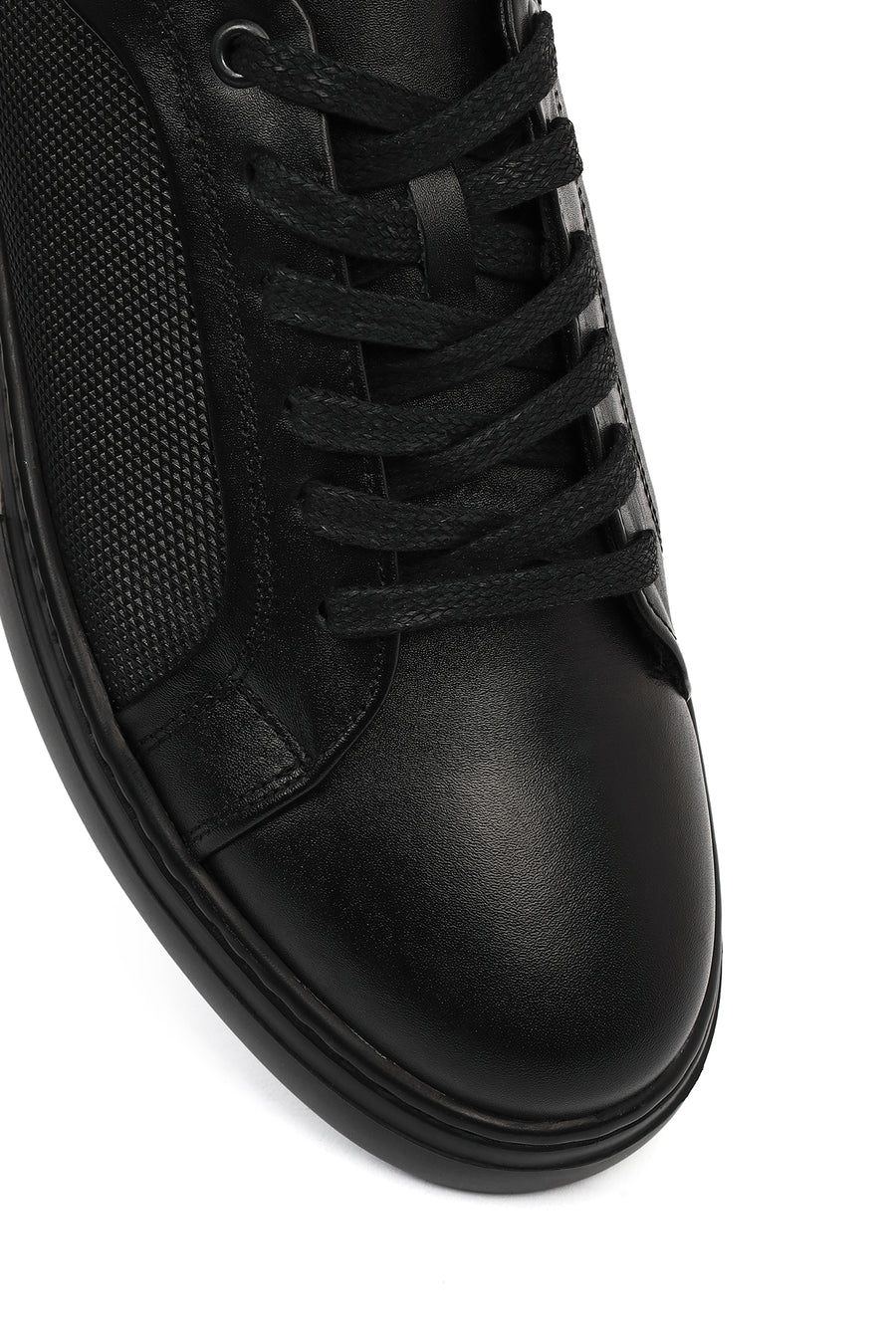 Erkek Siyah Bağcıklı Deri Sneaker