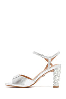 Women's Silver Ankle Buckle Metallic Chunky Heel Sandals | Derimod
