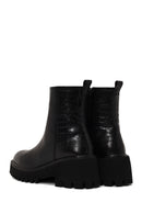 Woman Black Zip Closure Patterned Thick-Soled Leather Boots | Derimod