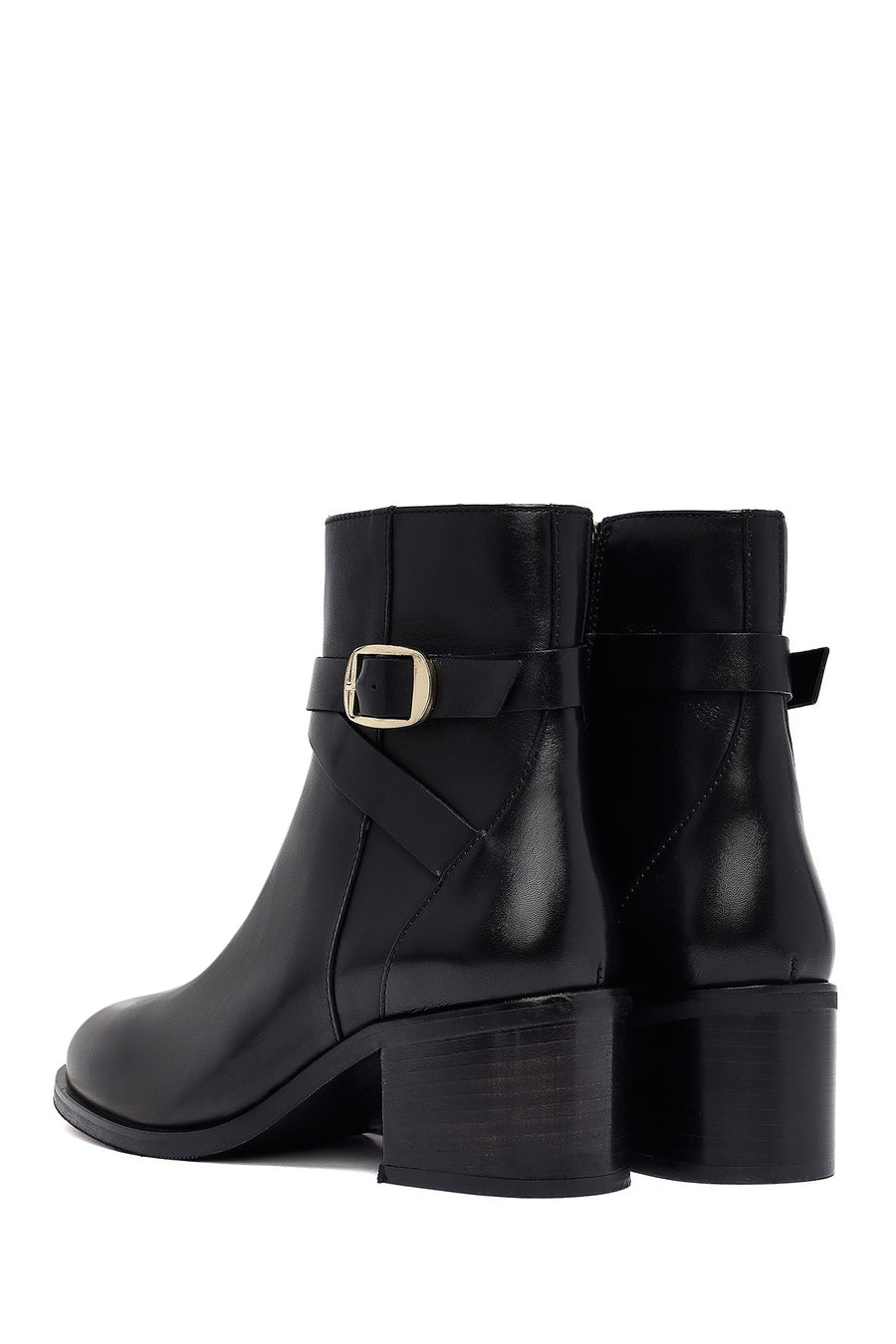 Woman Black Zip Closure Thick-Heeled Leather Boots