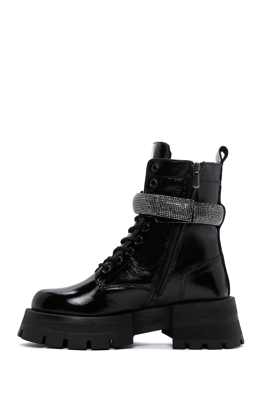 Women's Black Leather Stone Thick Soled Boots