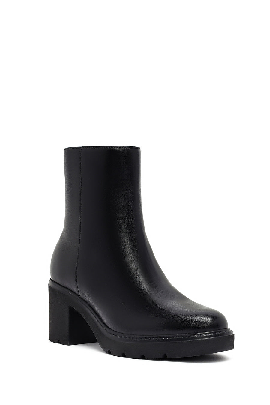 Women's Black Zippered Thick Heeled Leather Boot