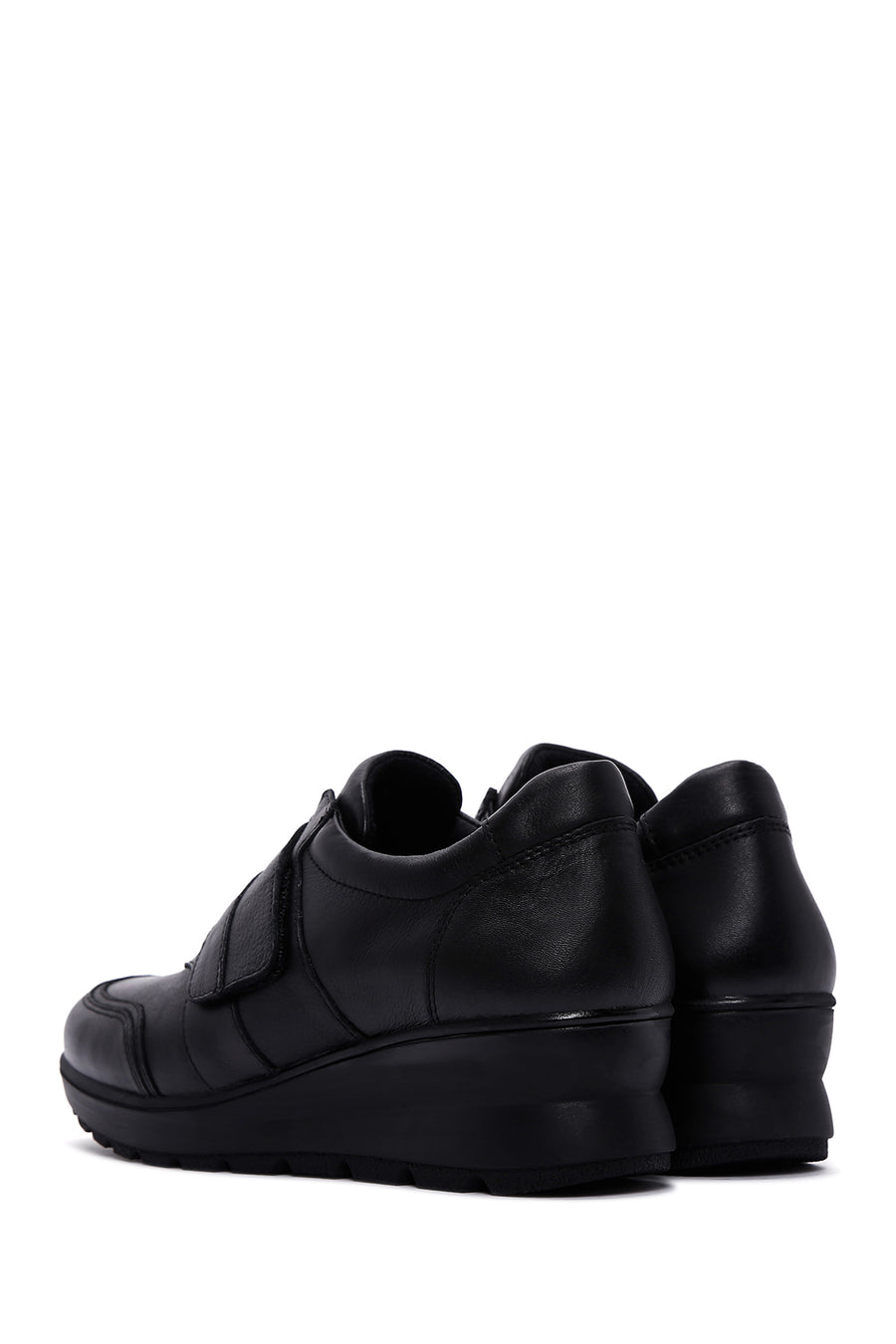 Women's Black Leather Wedge Heeled Comfort Shoes