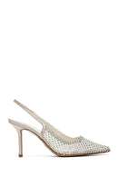 Women's Beige Stoned Open Back Thin Heeled Leather Shoes | Derimod