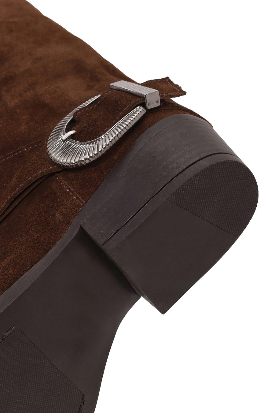 Woman Brown Buckled Short Thick-Heeled Suede Boots