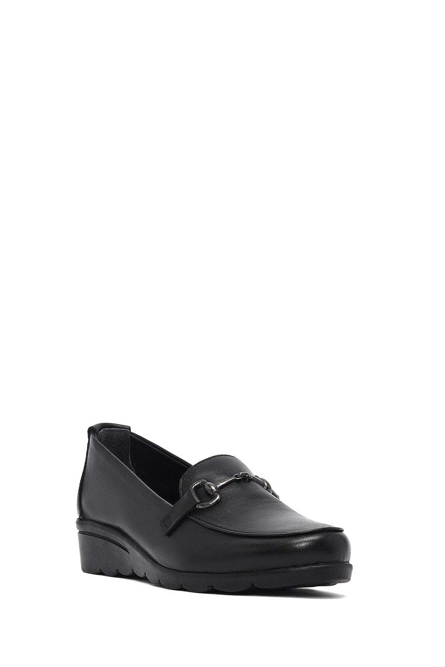 Woman Black Buckled Wedge Heel Leather Loafer