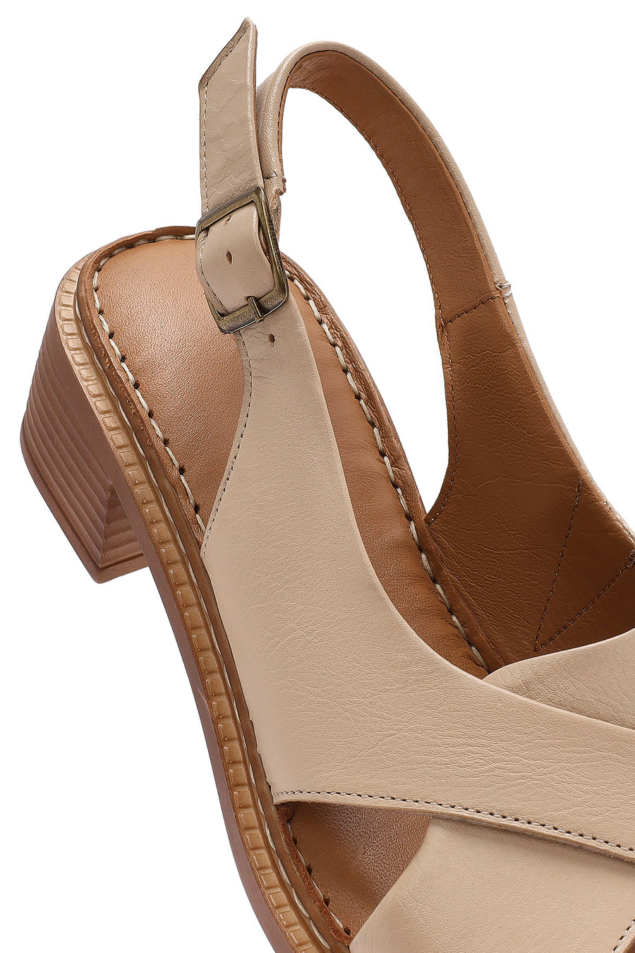 Women's Beige Ankle Buckle Low Heel Leather Sandals