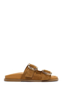 Women's Tan Double Buckle Suede Leather Slippers | Derimod