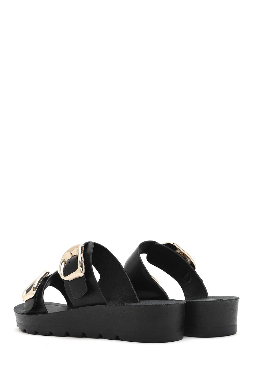 Women's Black Double Buckle Thick Soled Slippers