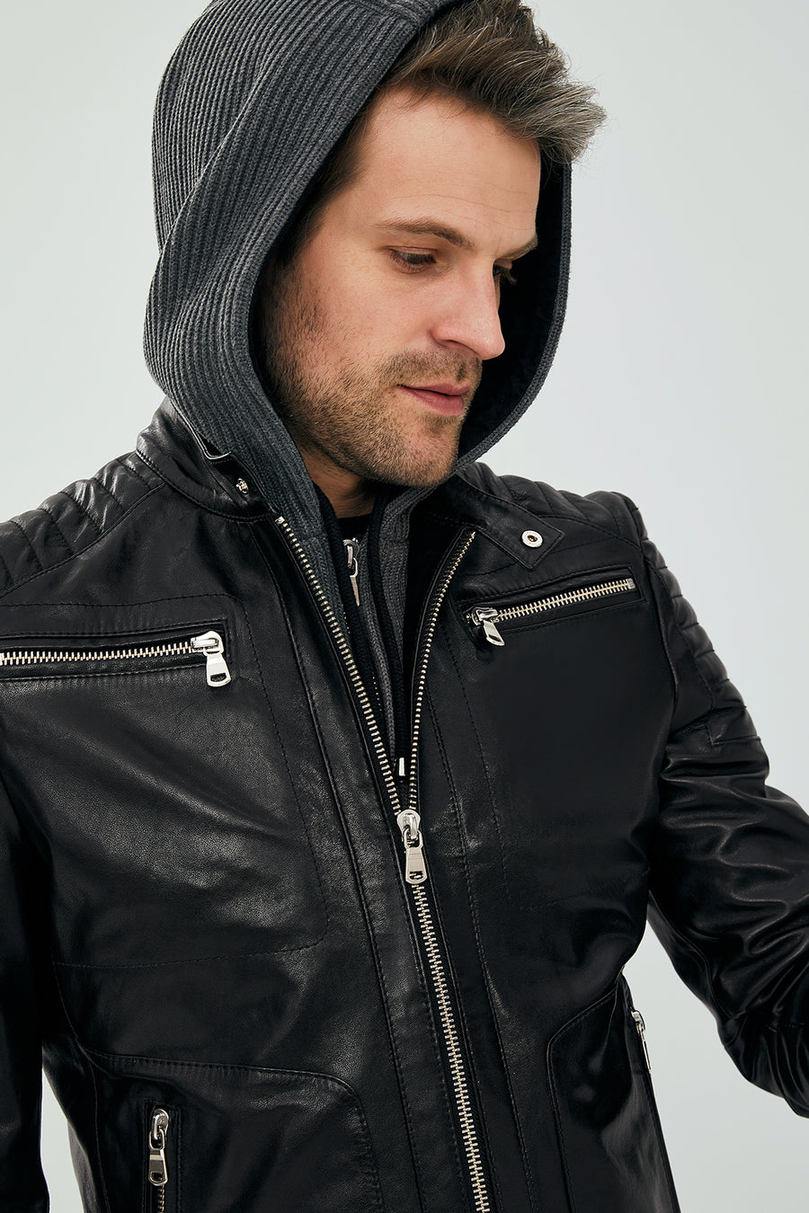Danger Black Men's Hooded Sports Leather Jacket