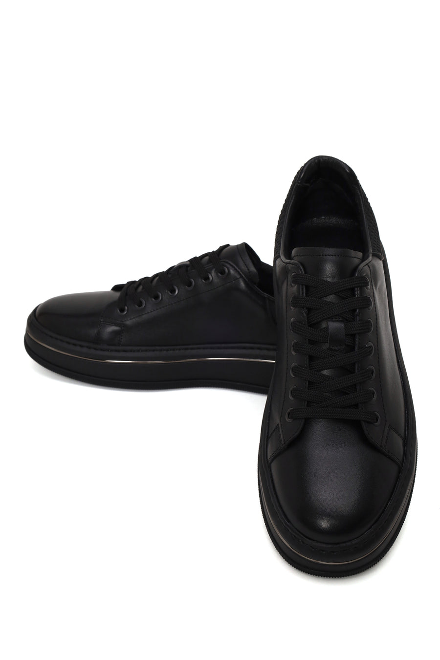 Erkek Siyah Bağcıklı Kalın Tabanlı Deri Sneaker