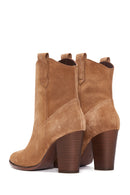 Women's Tan Suede Leather Heeled Cowboy Boots | Derimod