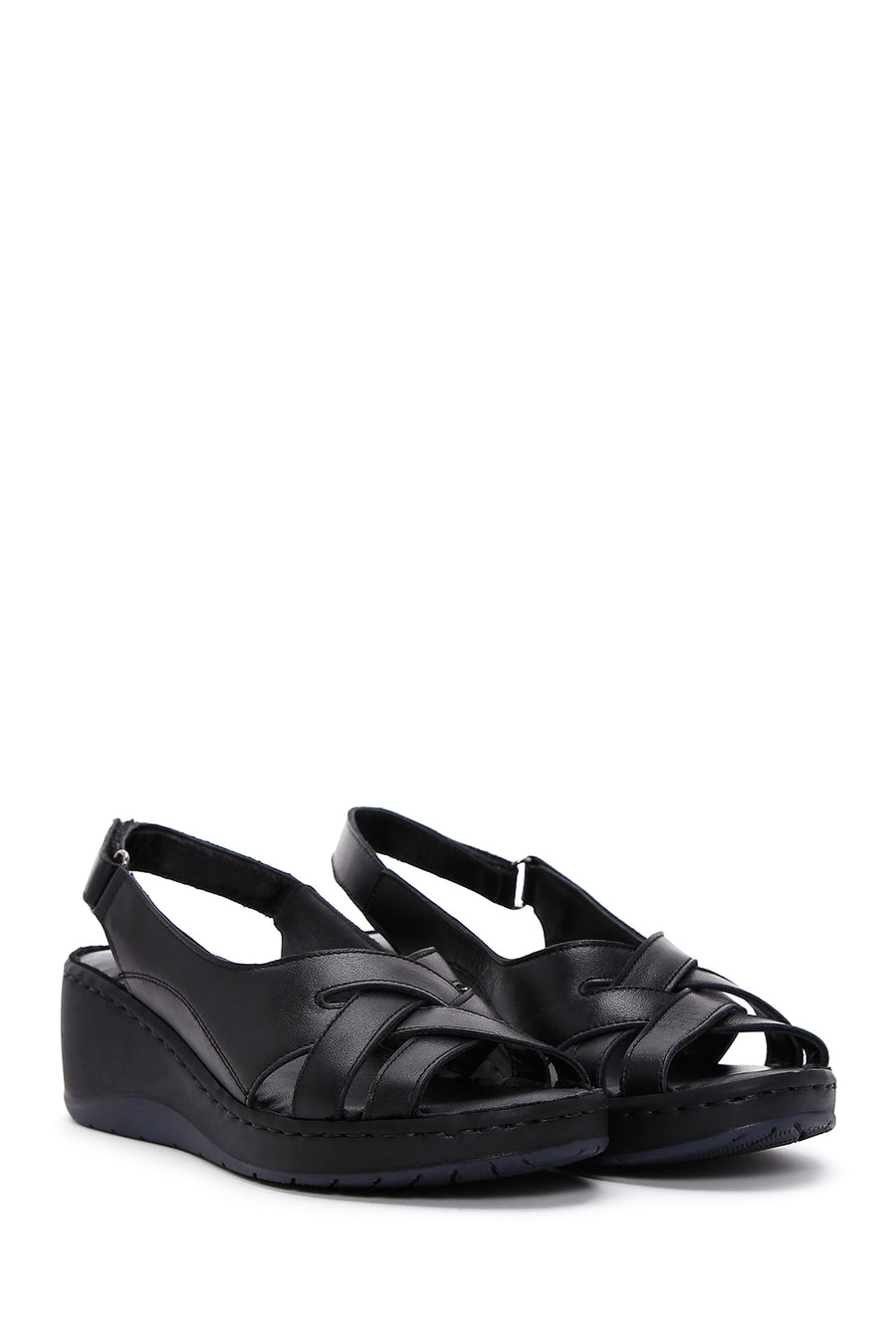 Women's Black Leather Wedge Heel Comfort Sandals