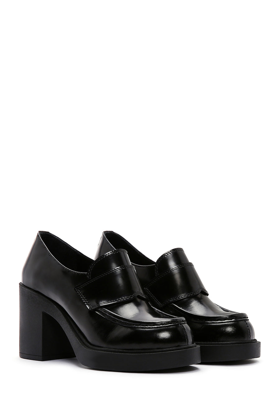 Women's Black Thick High Heel Leather Masculine Loafer