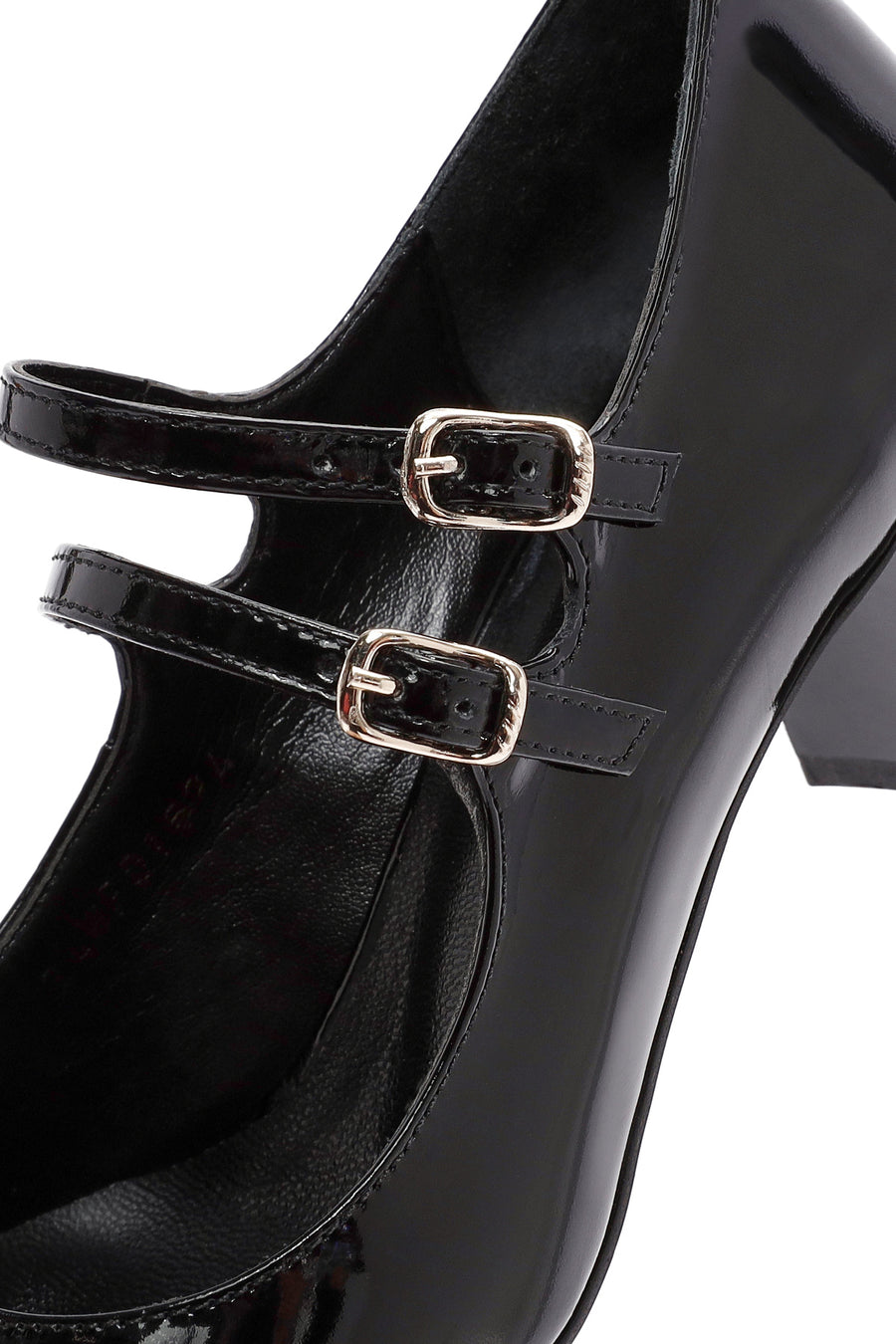 Women's Black Double Buckle Thick Heel Patent Leather Mary Jane Shoes