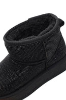 Woman Black Thick-Soled Embellished Leather Teddy Boots | Derimod