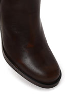 Woman Brown Zip Closure Chunky-Heeled Leather Boots | Derimod
