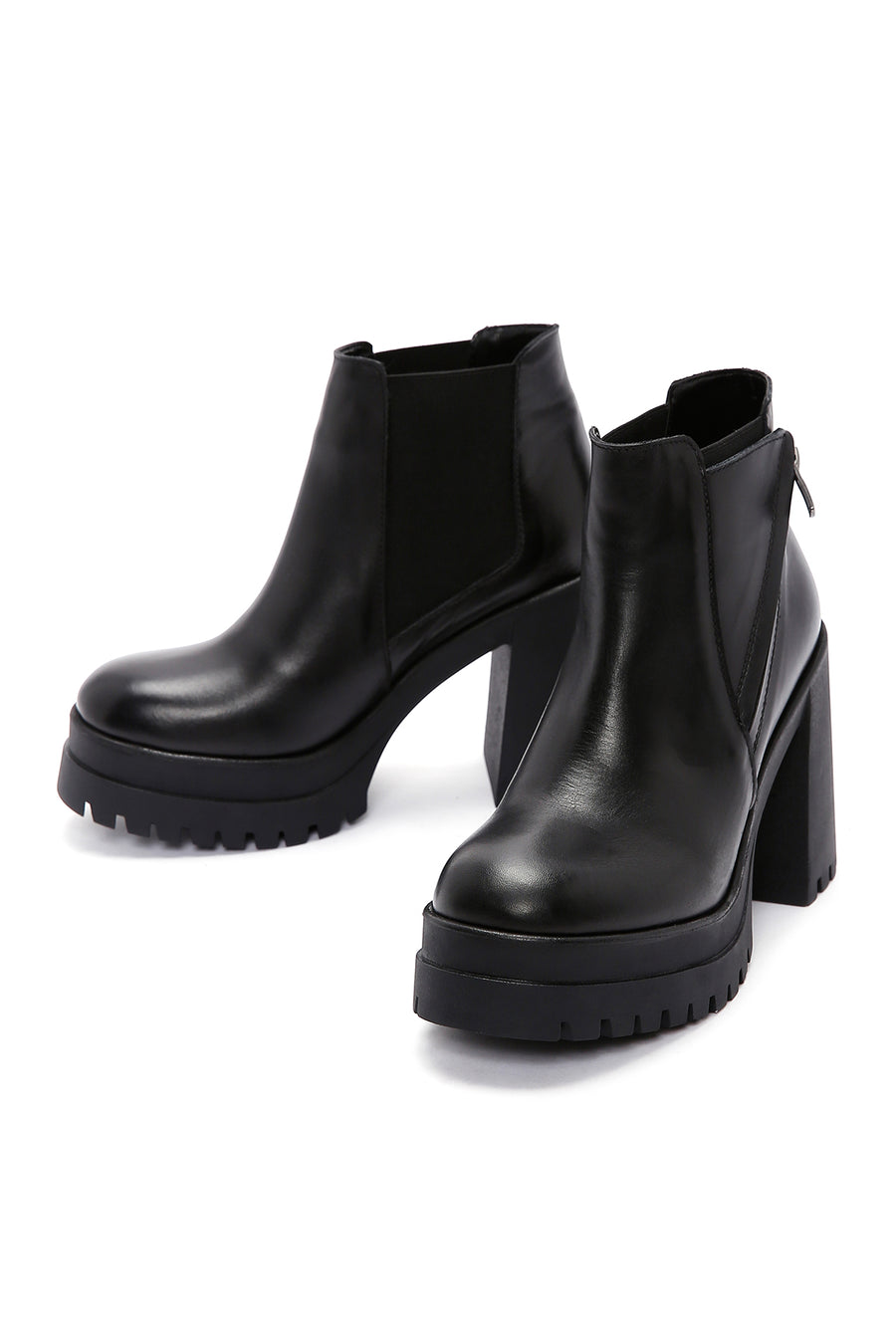 Woman Black Zip Closure Thick-Heeled Leather Boots